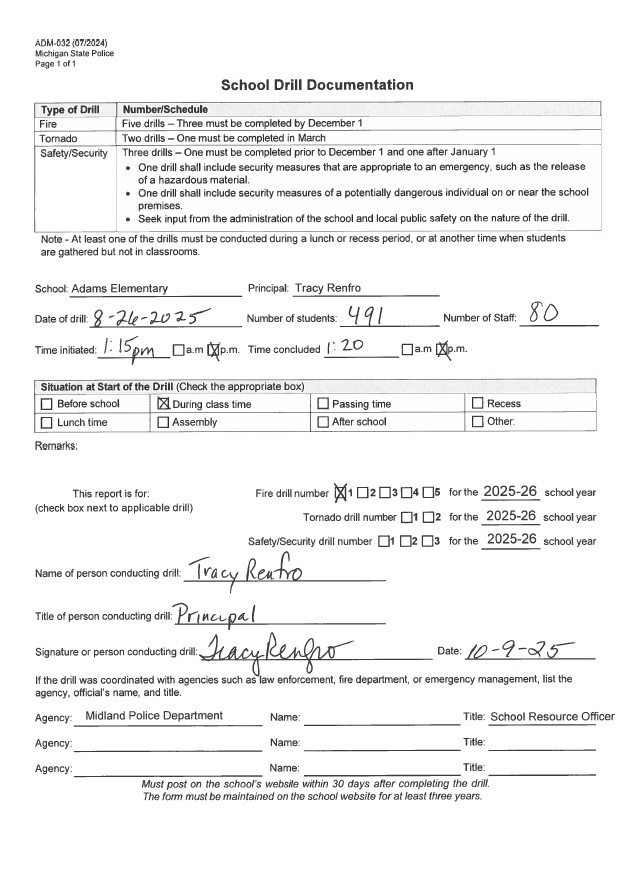 Form for Adams Elementary's first fire drill of 2025-2026 Form for Adams Elementary's first fire drill of 2025-2026