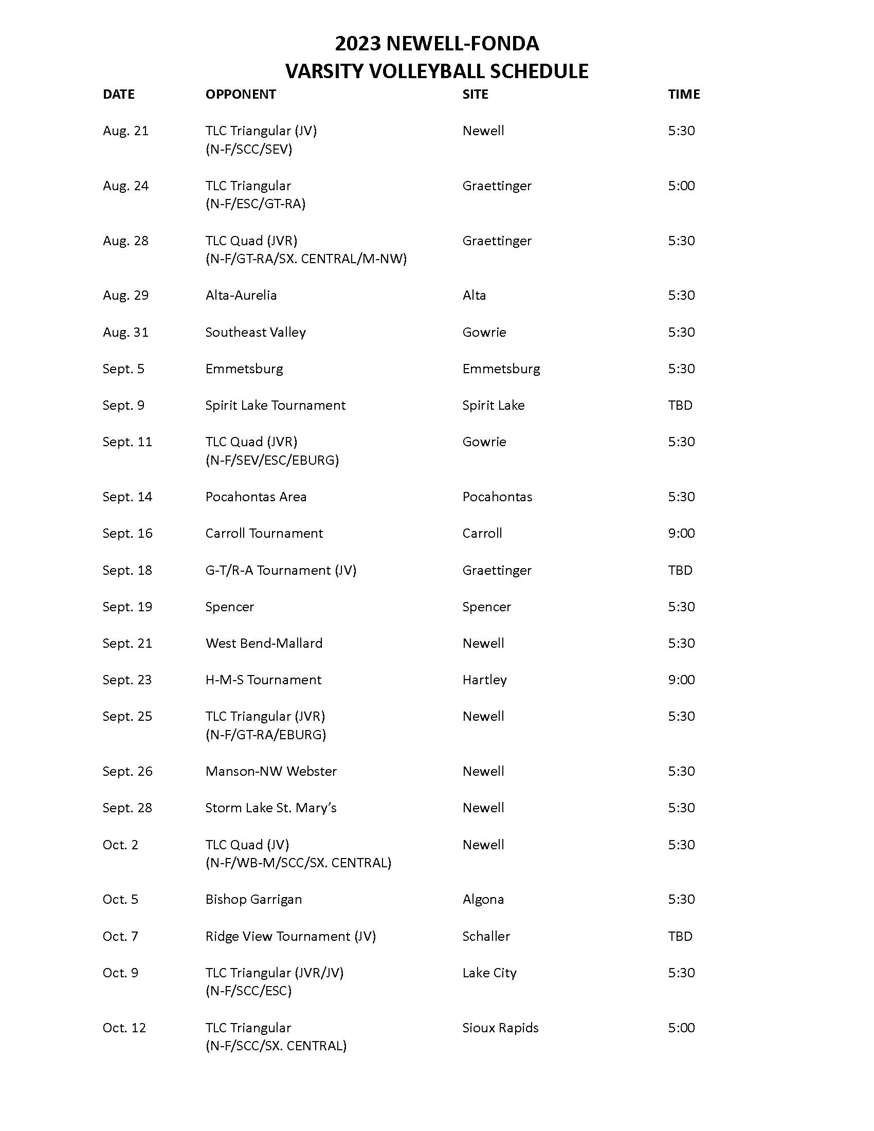 Varsity Volleyball Schedule 2023