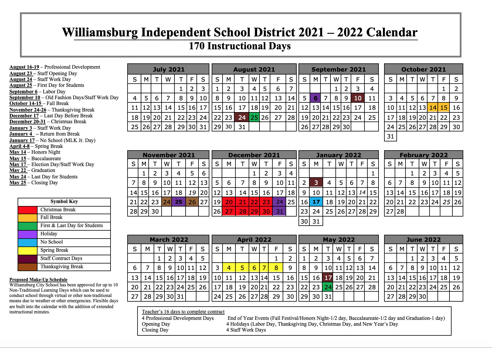 Williamsburg Independent Schools Calendar 2022.