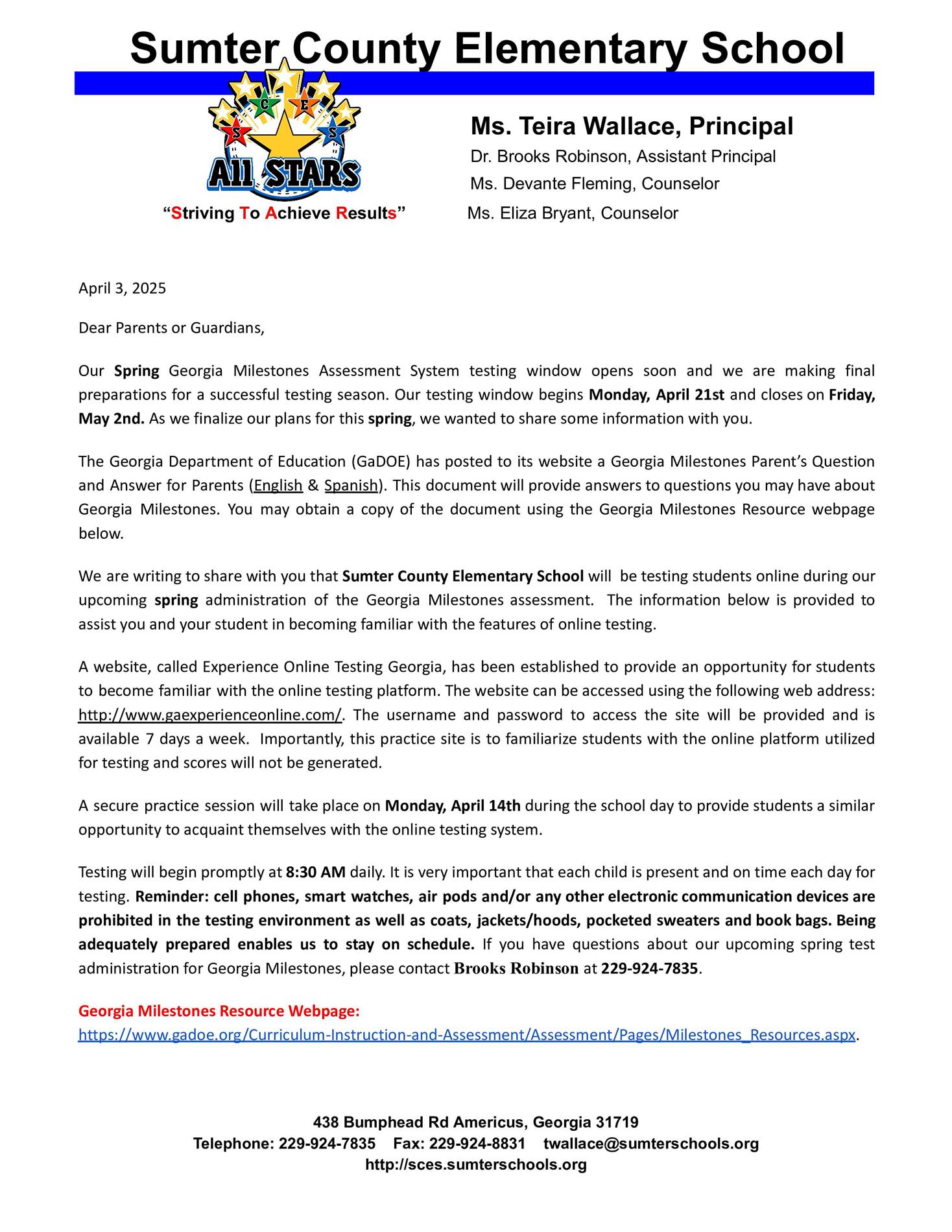 2024-2025 Georgia Milestones Testing Parent Letter