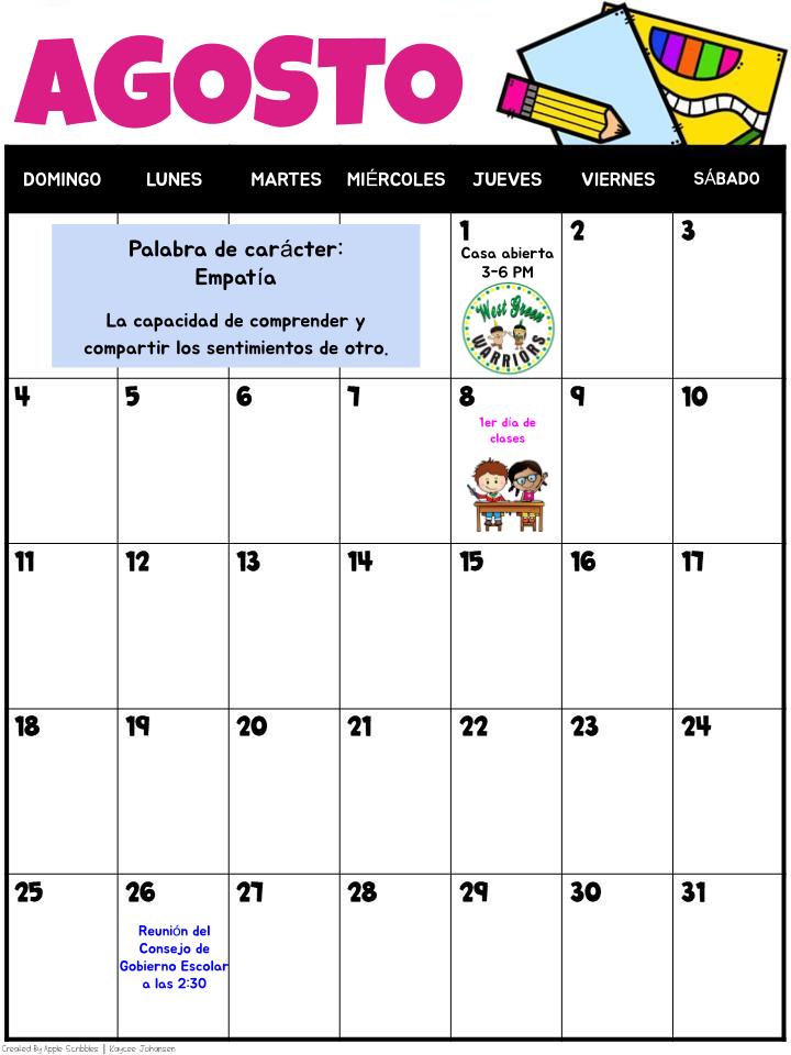 AUGUST 2024 SCHOOL CALENDAR (SPANISH)