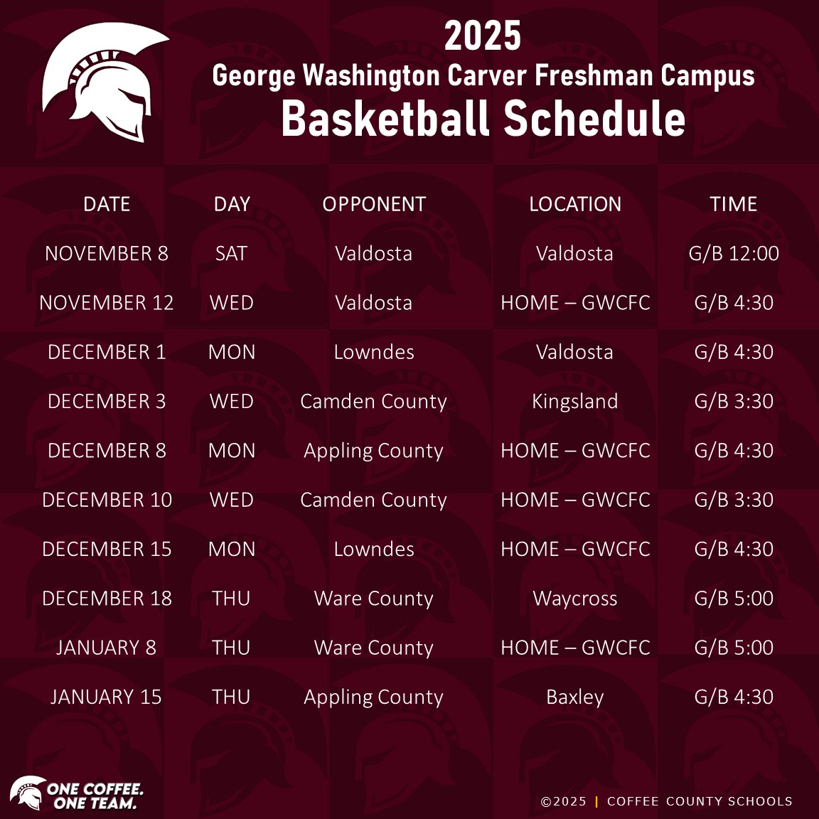 2025 GWCFC 9th Grade
 Basketball Schedule