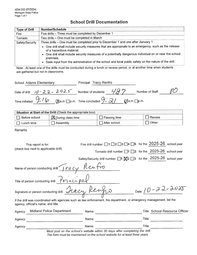 Form for Adams Elementary's second safety drill of 2025-2026
