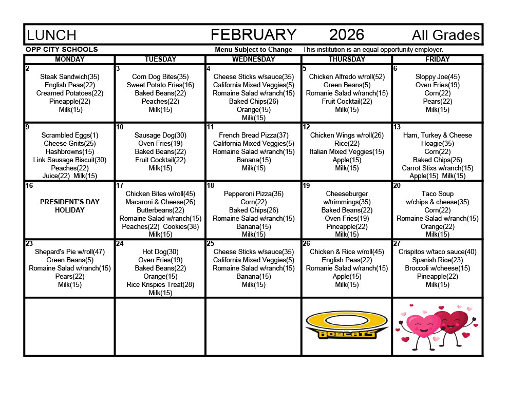 Lunch Menu February 2026