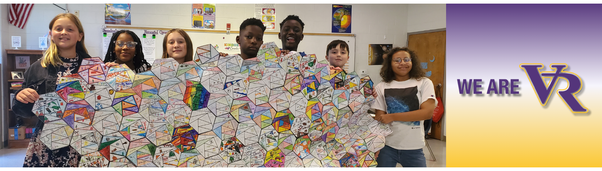 In Mrs. Payne's 6th-grade science classes, students created a "get to know you" quilt. Each of student decorated a hexagon with drawings of their favorite things. The hexagons were put together to create a quilt that will hang in the classroom all year, reminding students that we're all a part of the same class