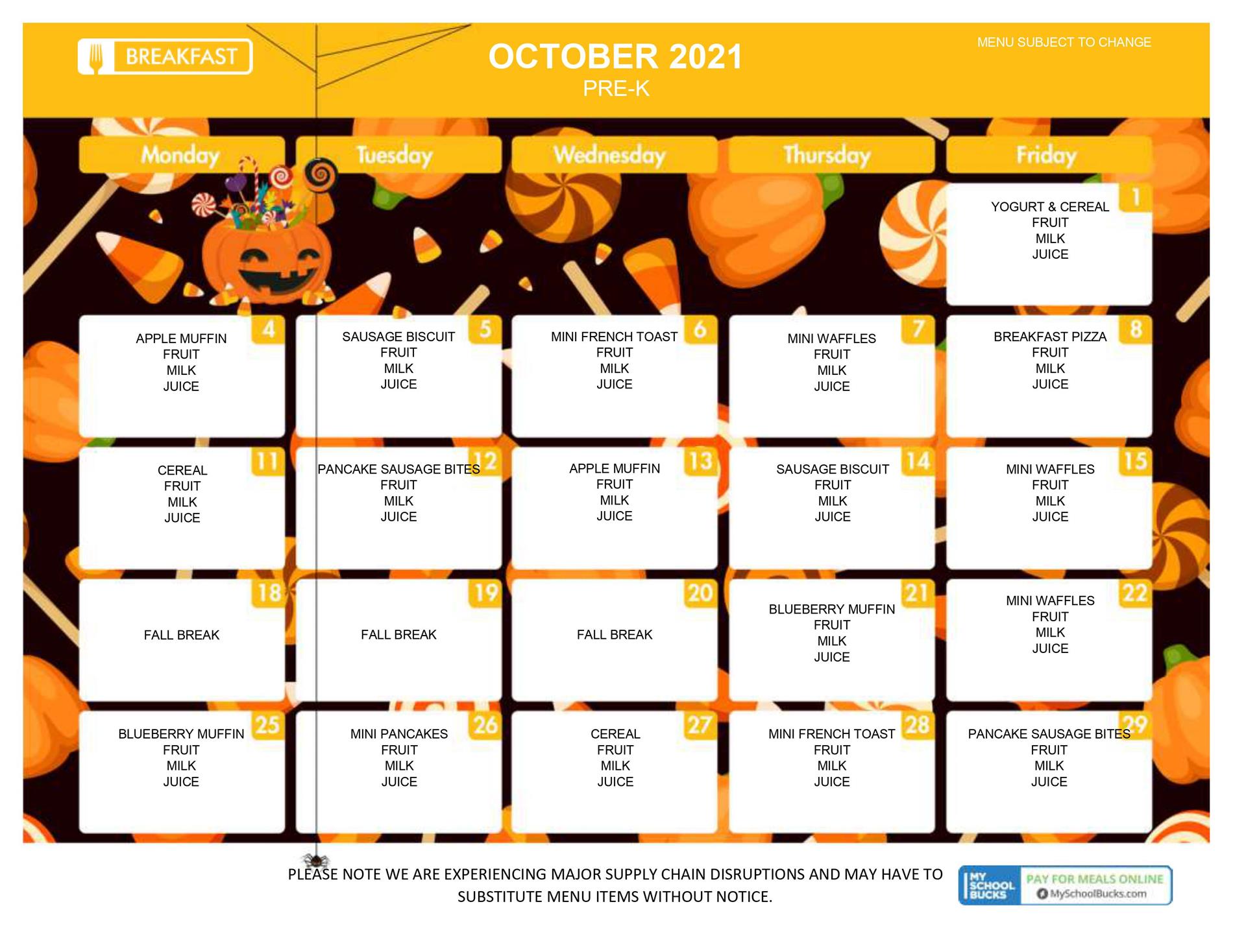 Pre-K Menu October Pre-K Menu October