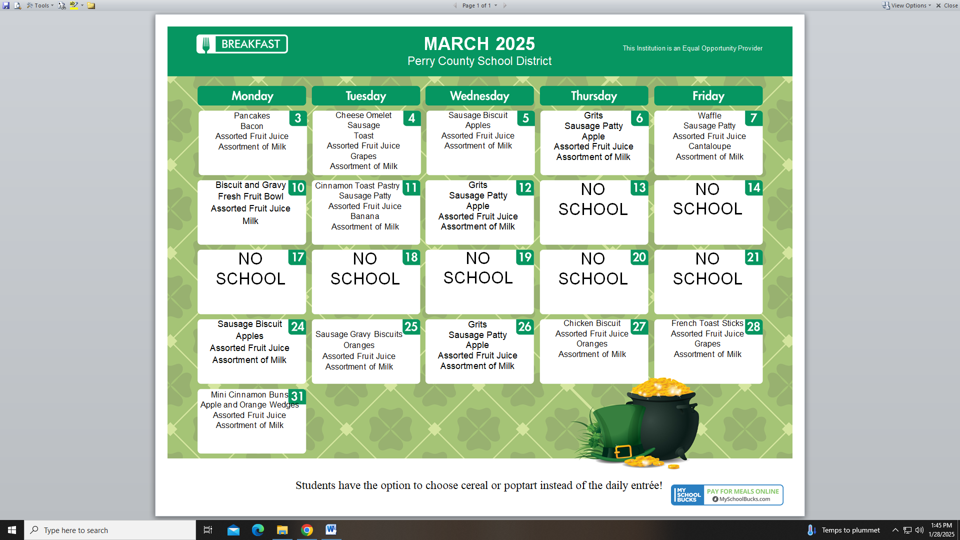 March Breakfast Menu 2025