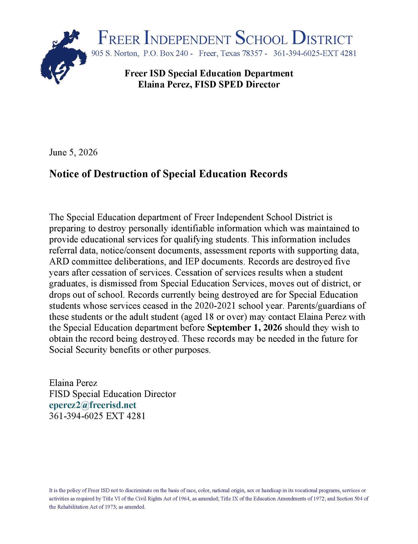 Notice of Destruction of Special Education Records