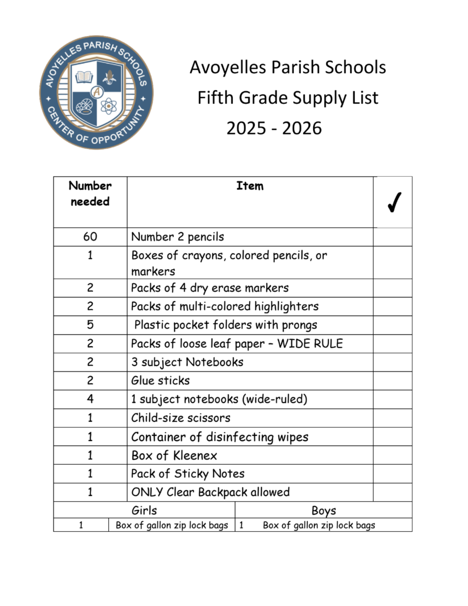 5th Supply List 25-26