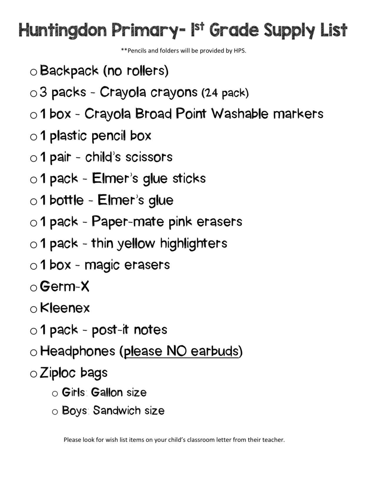 First Grade Supply List