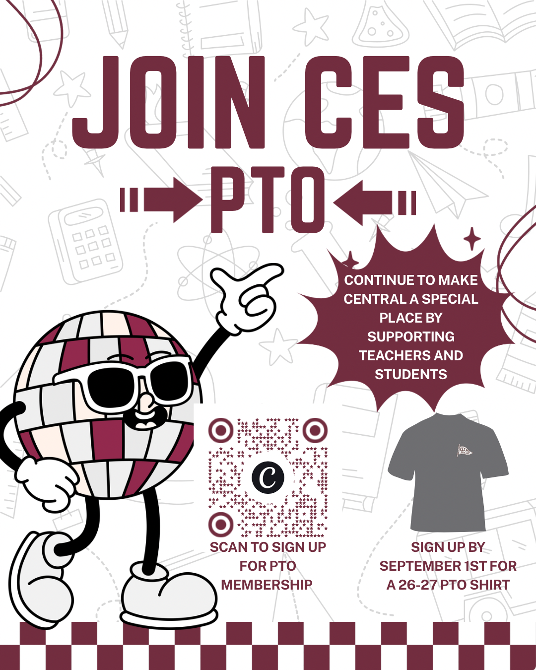 Join CES PTO continue to make Central a special place by supporting teachers and students.  Scan to sign up for PTO membership.  Sign up by September 1st for a 26-27 PTO shirt