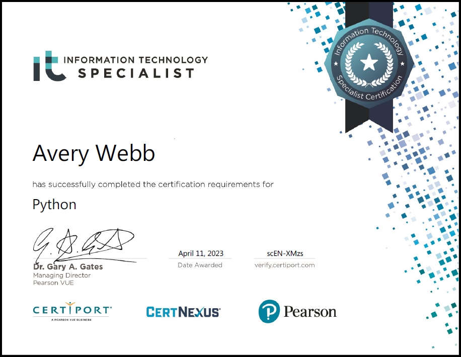 Avery Lane Webb's ITS Python Certificate