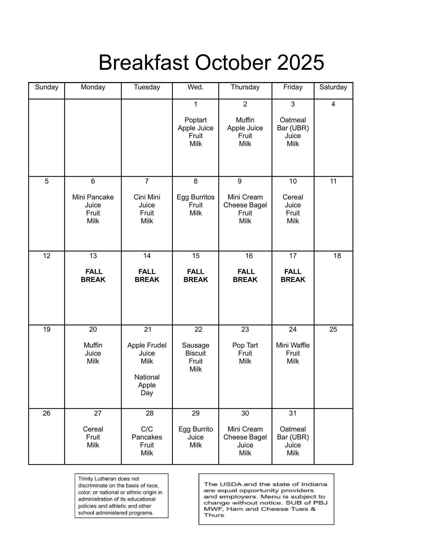 October Breakfast Menu