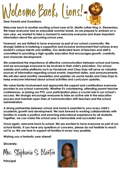 Principal's Welcome Back Message