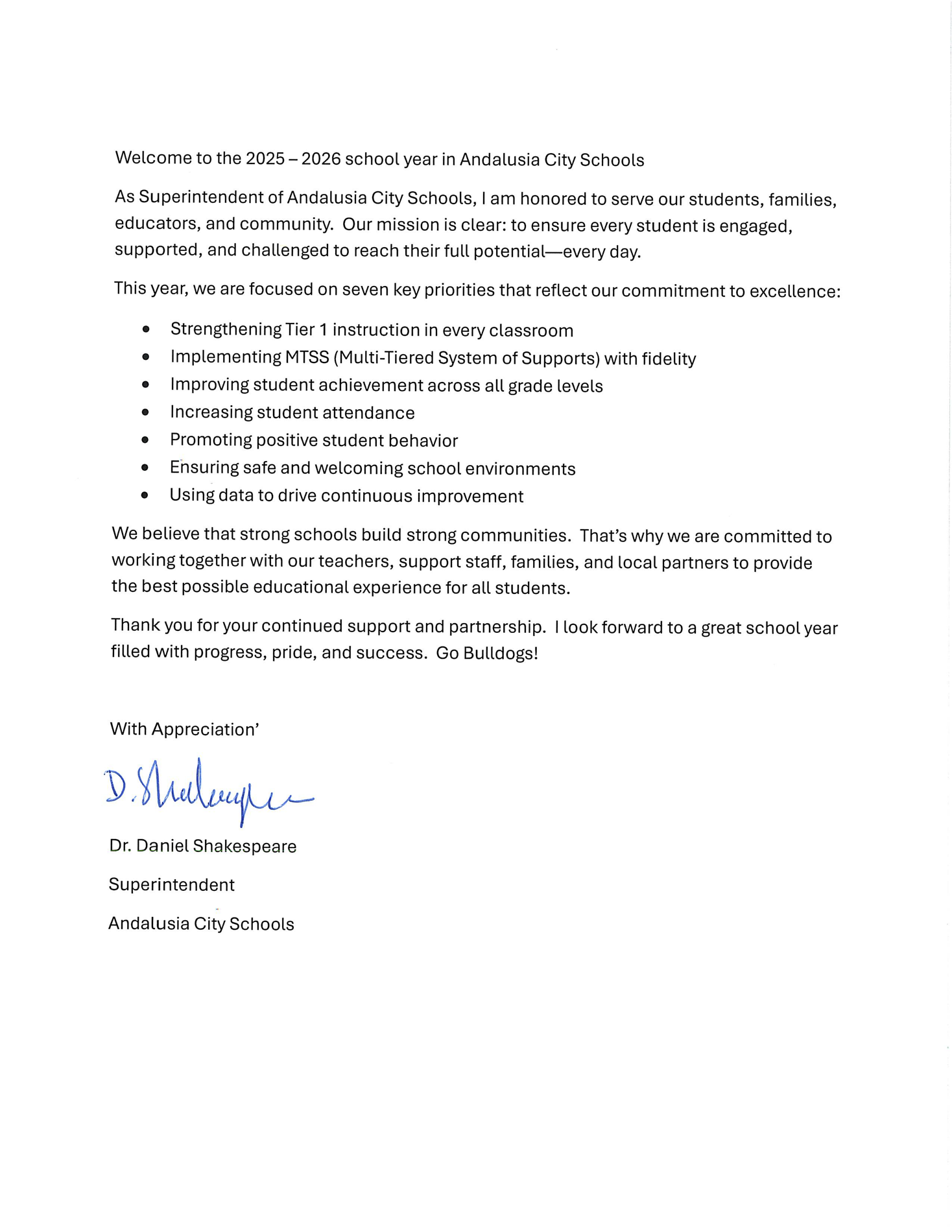 Message from Superintendent Dr. Daniel Shakespeare about the 2025-2026 School Year