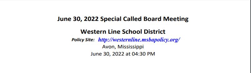 Special Called Board Meeting June 23, 2022 at 6pm
