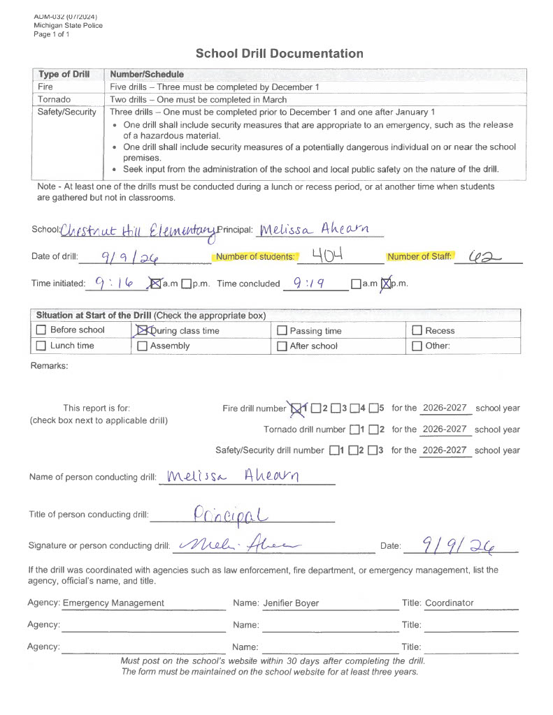 Chestnut Hill Elementary fire drill form 2026-2027