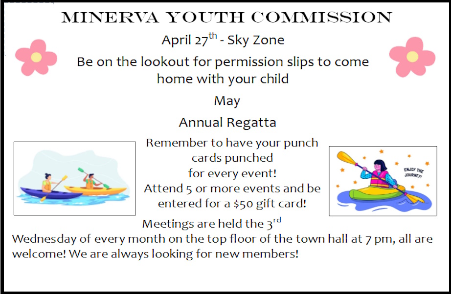 Minerva Youth Commission News Image Adirondack Thunder Hockey Game Sign - Up by March1st,  April event Sky Zone to be announce, May Minerva Stream Regatta.