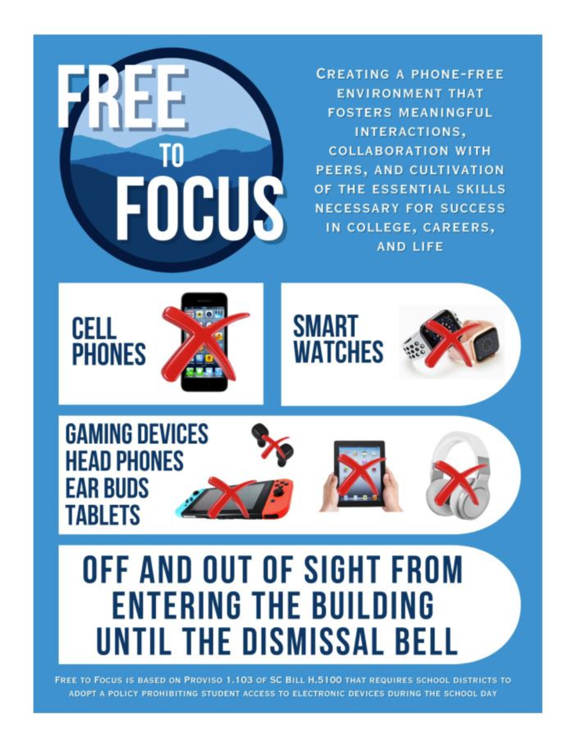 Free to Focus Flyer, Students begining January 2025 can not have their electronics out during the school day.