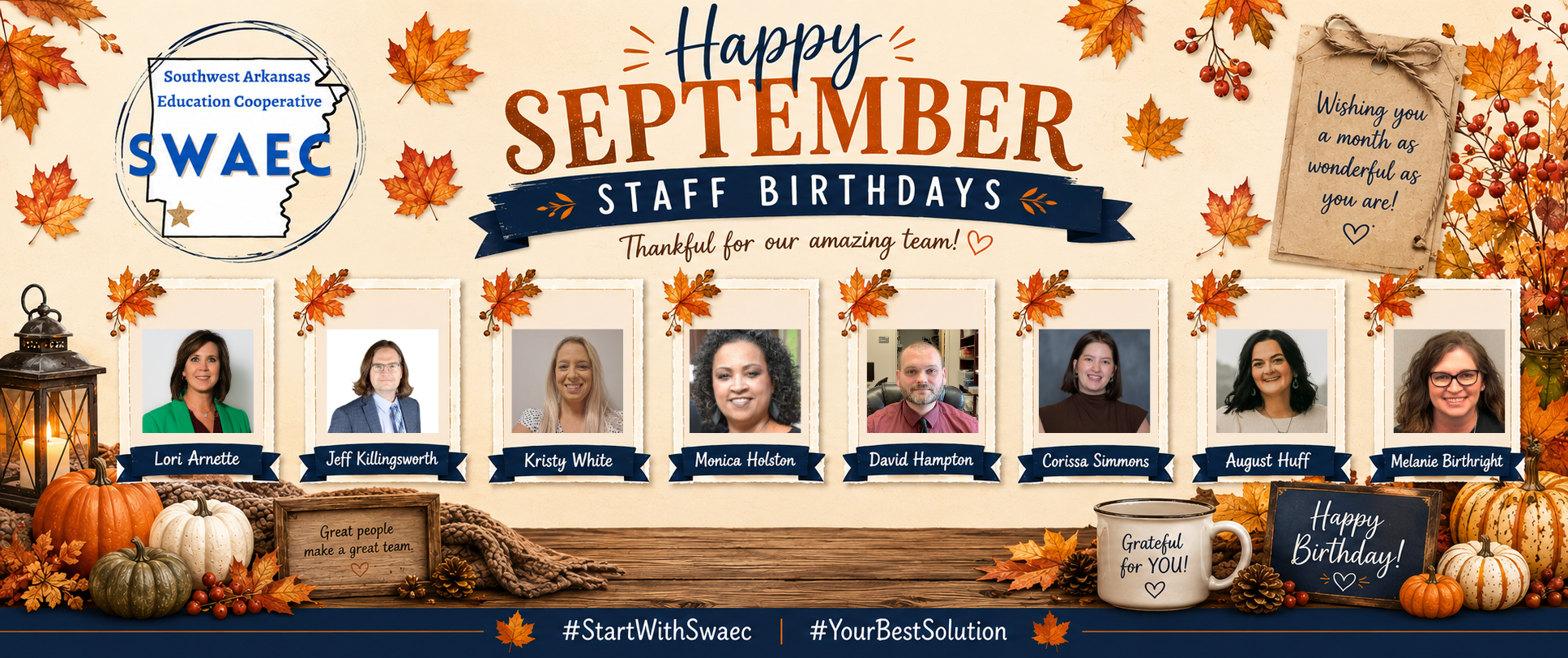 **Alt text (WCAG 2.1 AA compliant):**  Green birthday graphic reading “Happy Birthday.” Decorative shamrocks, gold coins, and a pot of gold appear around three staff photos labeled: Hannah Ward, Jenny Smead, and Jamaya Parker.