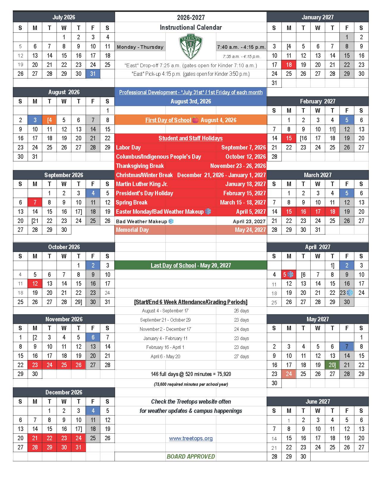 2026-2027 School Calendar (Board Approved)