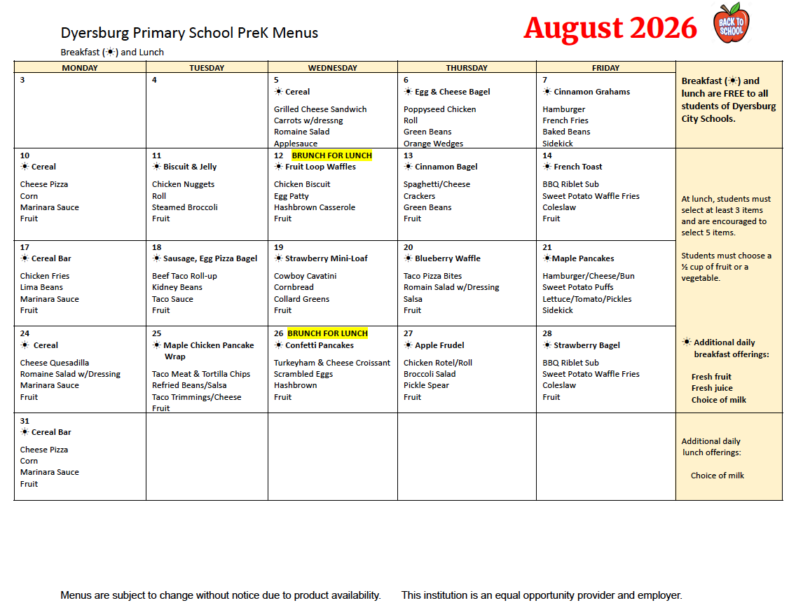 DPS Pre-K Menu