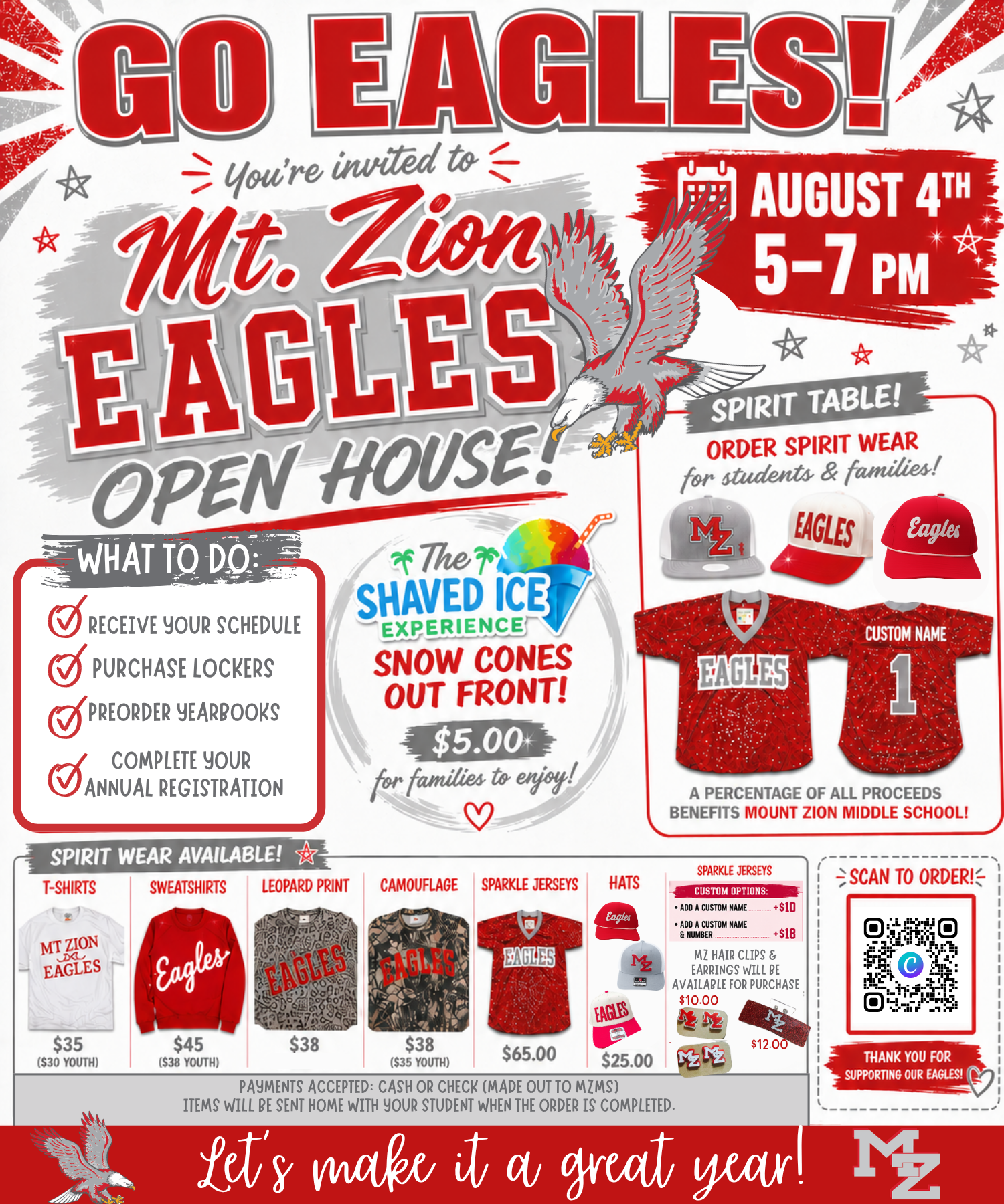 The Mt. Zion Eagles Open House is scheduled for August 4th from 5:00 PM to 7:05 PM. Key activities include receiving schedules, purchasing lockers, and preordering yearbooks.