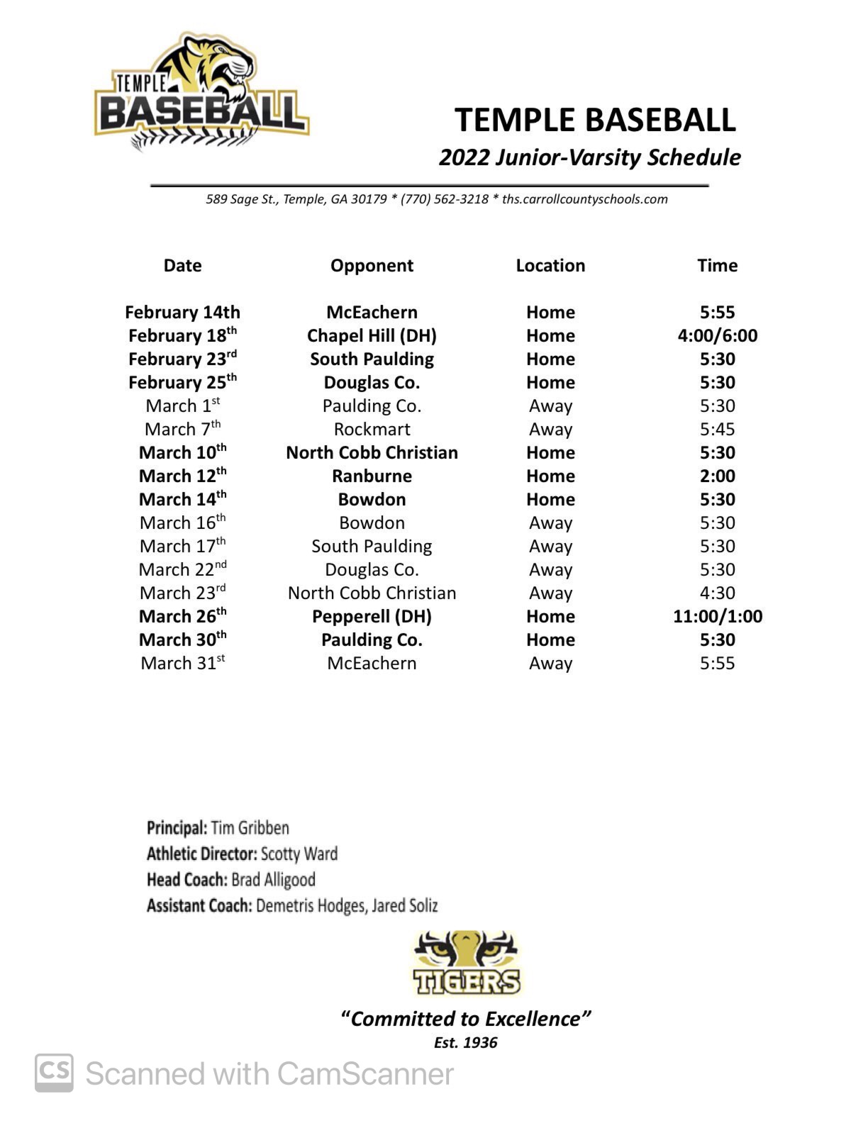 Junior Varsity Baseball Schedule