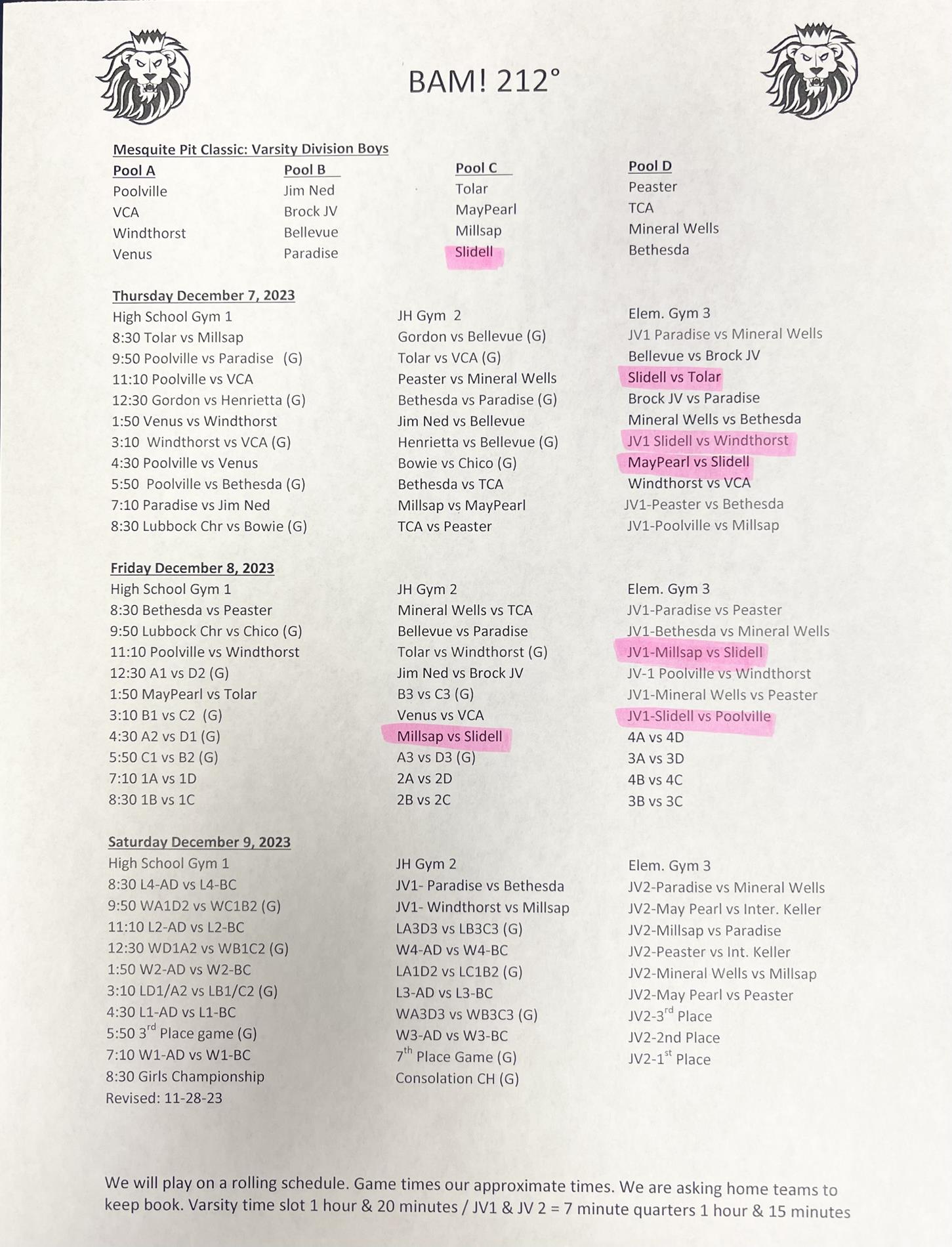 JV/V Boys Poolville Basketball Tournament Schedule 