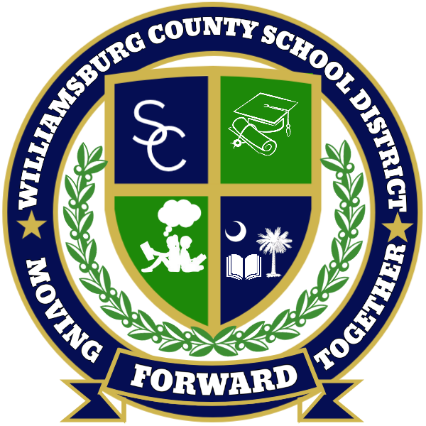 Williamsburg County School District circular logo in blue, green, gold, and white. The seal features a shield divided into four sections with symbols including stylized initials, a graduation cap and diploma, a child reading under a tree, and an open book with a palmetto tree and crescent. Laurel branches surround the shield, and text around the seal reads “Williamsburg County School District” with the words “Moving Forward Together” A ribbon at the bottom displays “WCSD.”