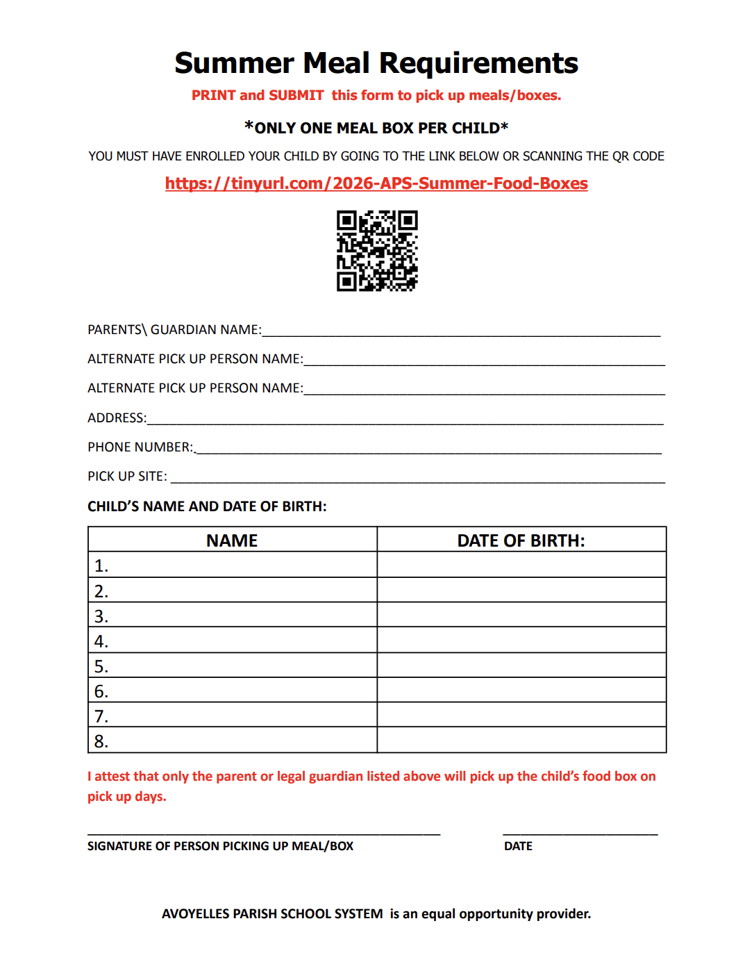 Parent pick up form for 2026 summer food boxes