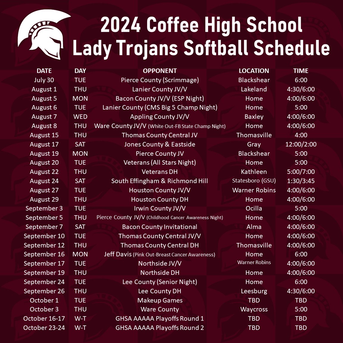 2024 Coffee High Lady Trojans Softball Schedule