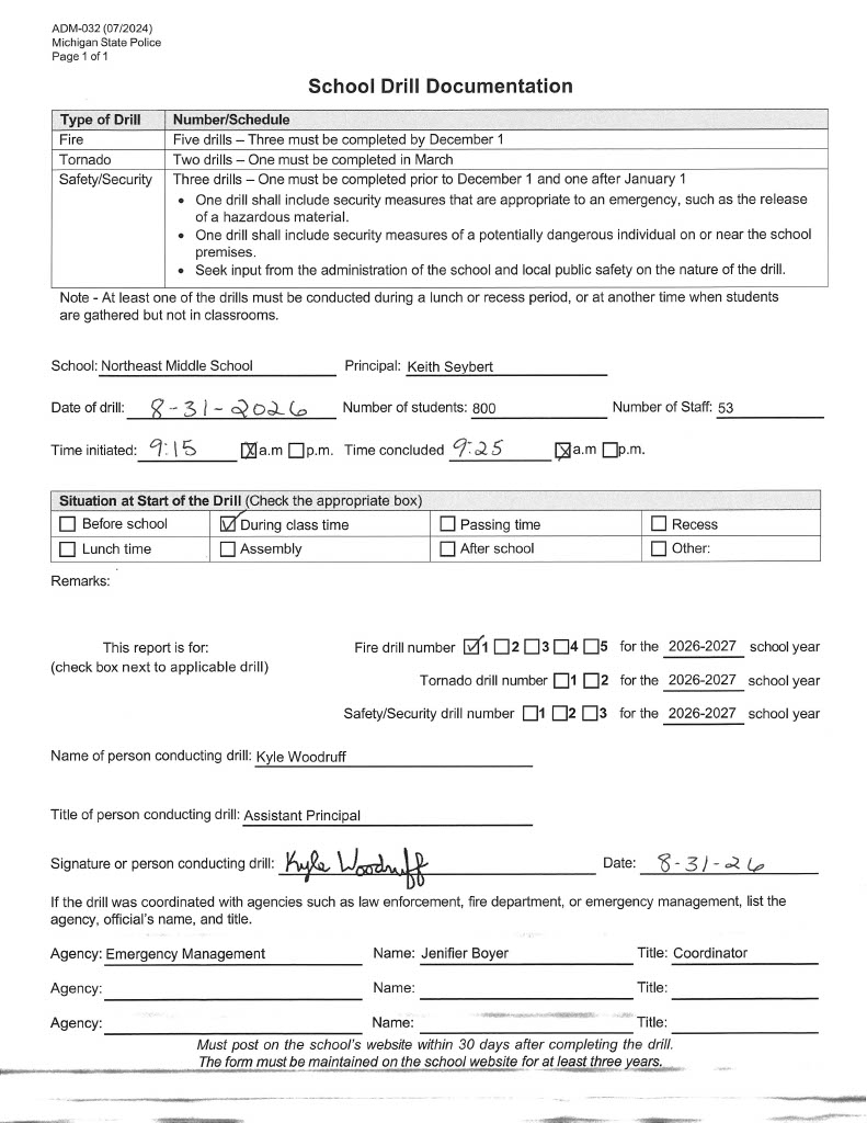 Northeast Middle School fire drill form 2026-2027