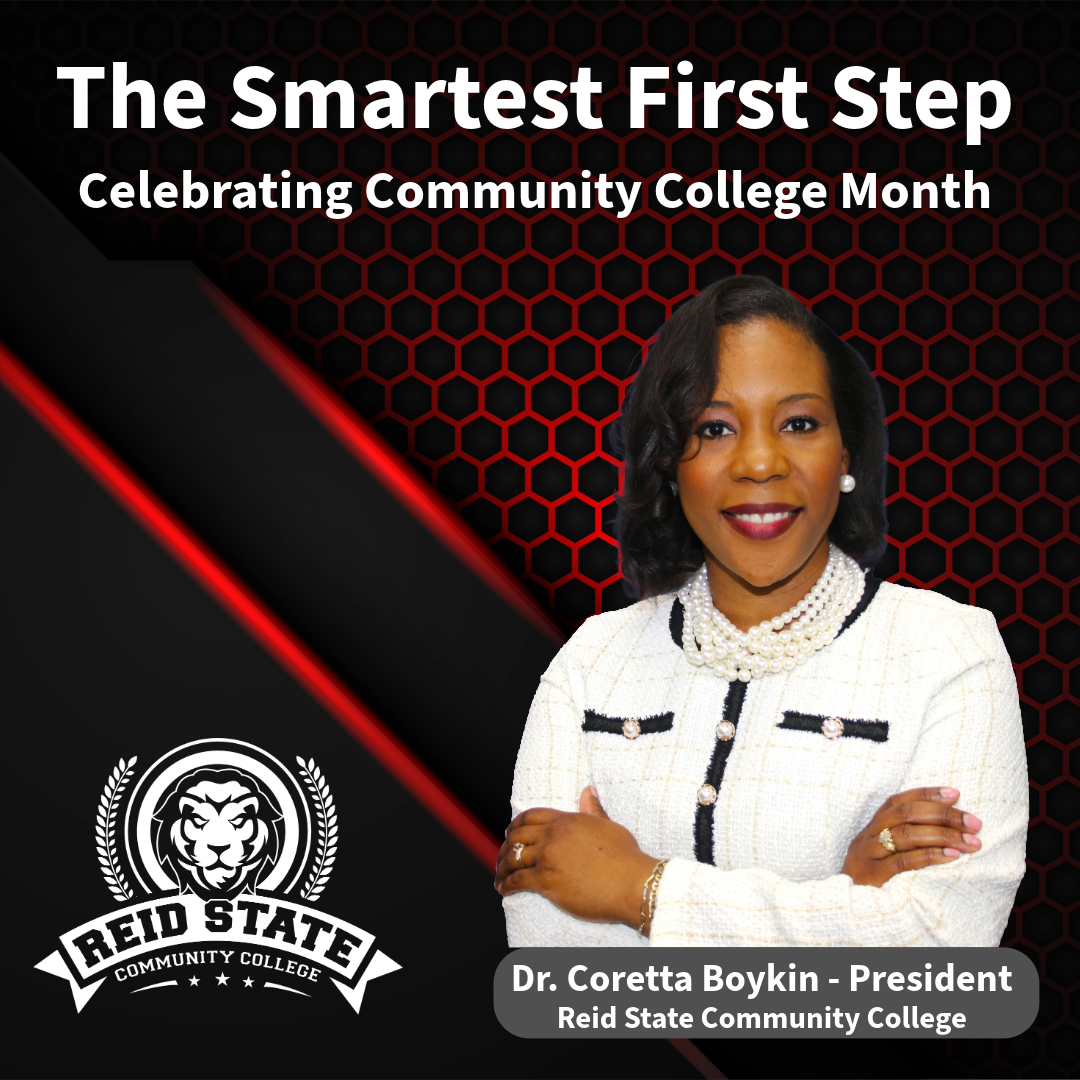 Dr. Coretta Boykin photo with text: The Smartest First Step: Celebrating Community College Month