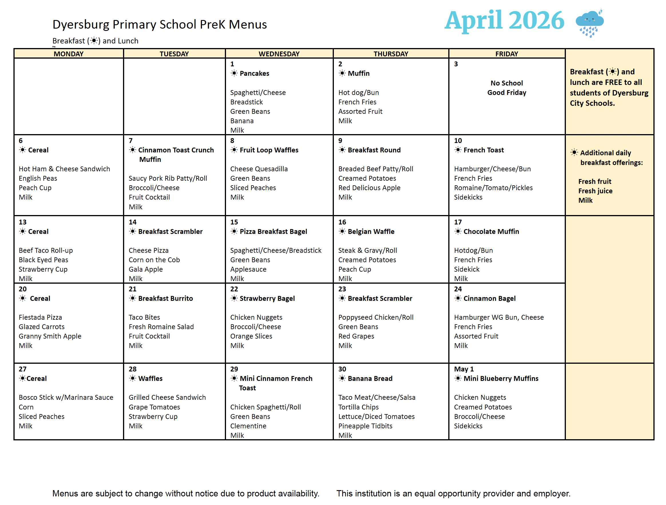 Pre-K Menu