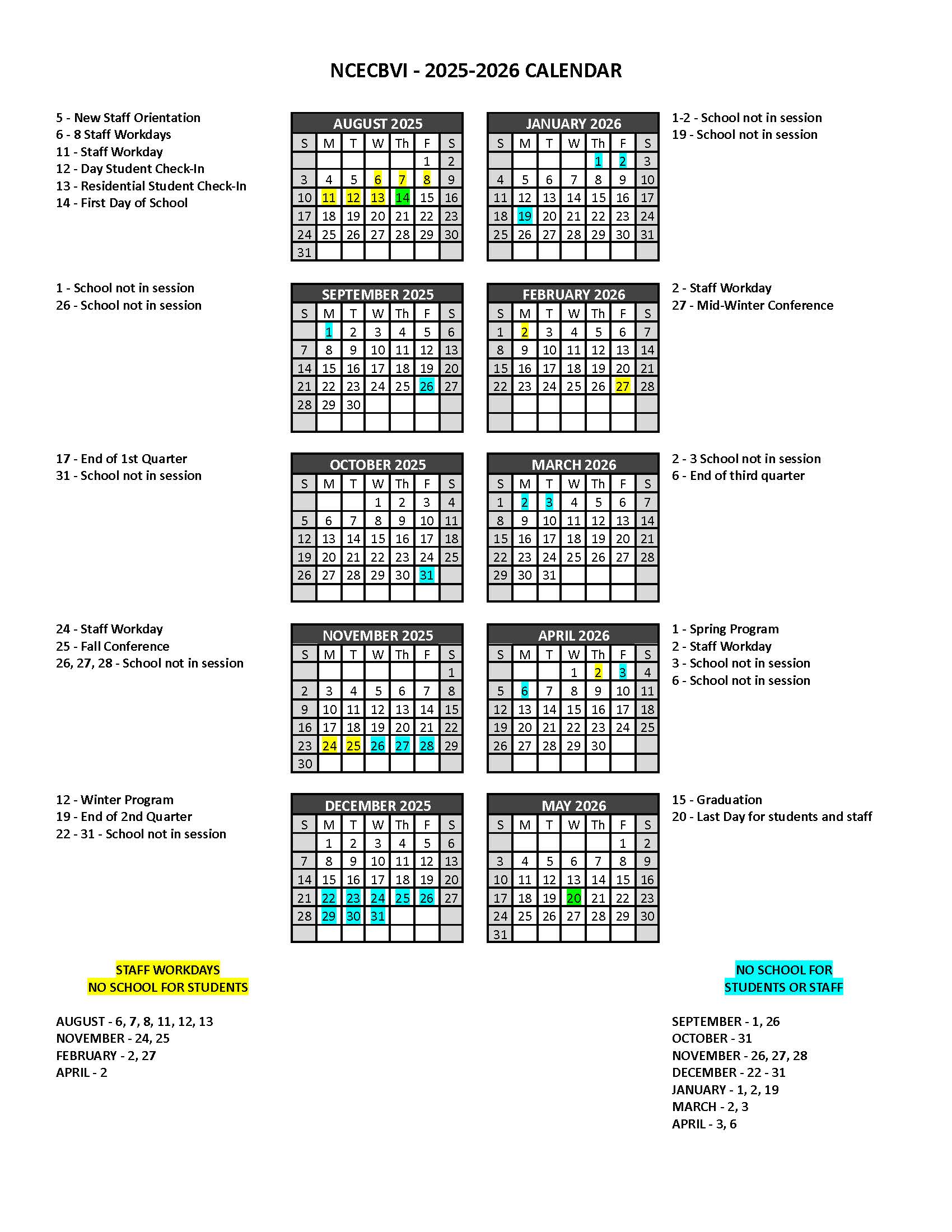 NCECBVI school calendar NCECBVI school calendar