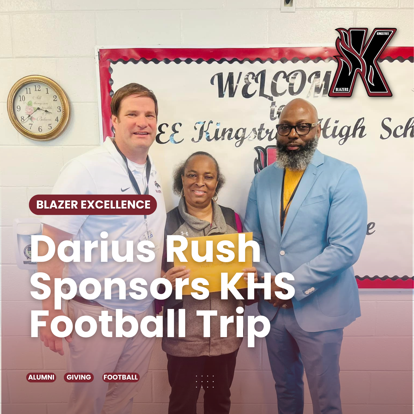 Darius Rush’s mother, Sonya Rush-Harvin is pictured presenting a check to KHS Principal, Mark Fraiser and KHS Football Coach, Brian Smith.