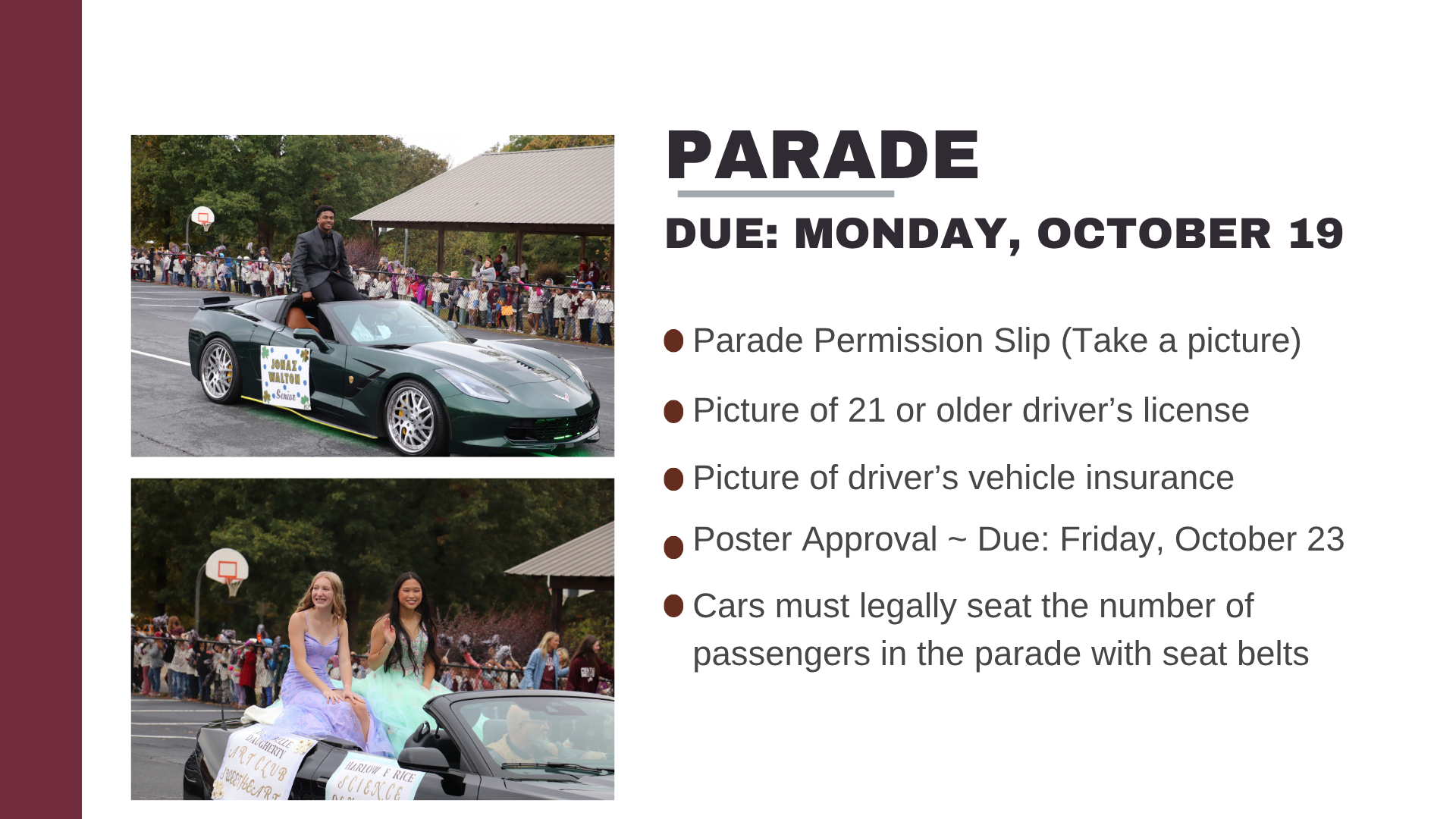 parade information, paperwork due October 19