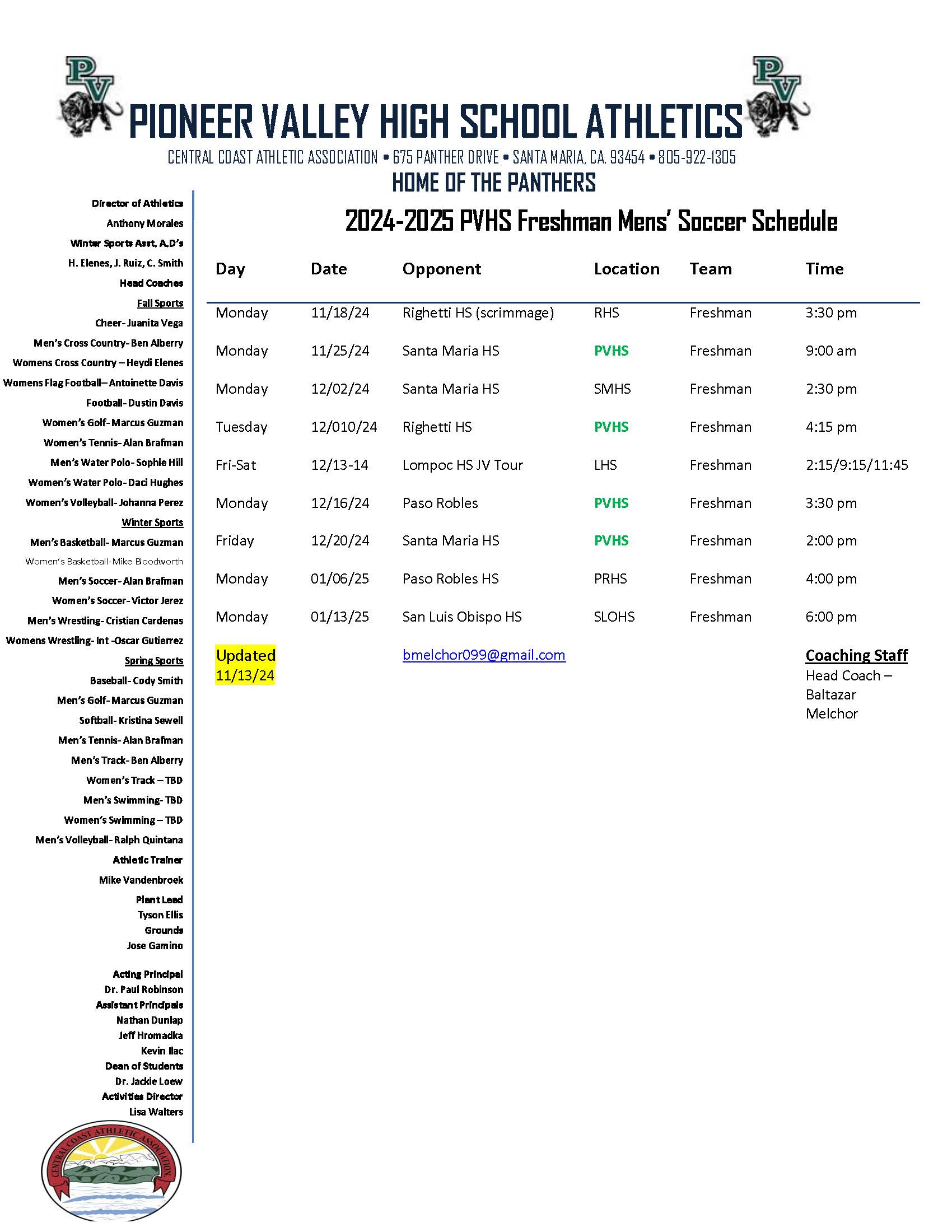 Freshmen Boy's Soccer Schedule