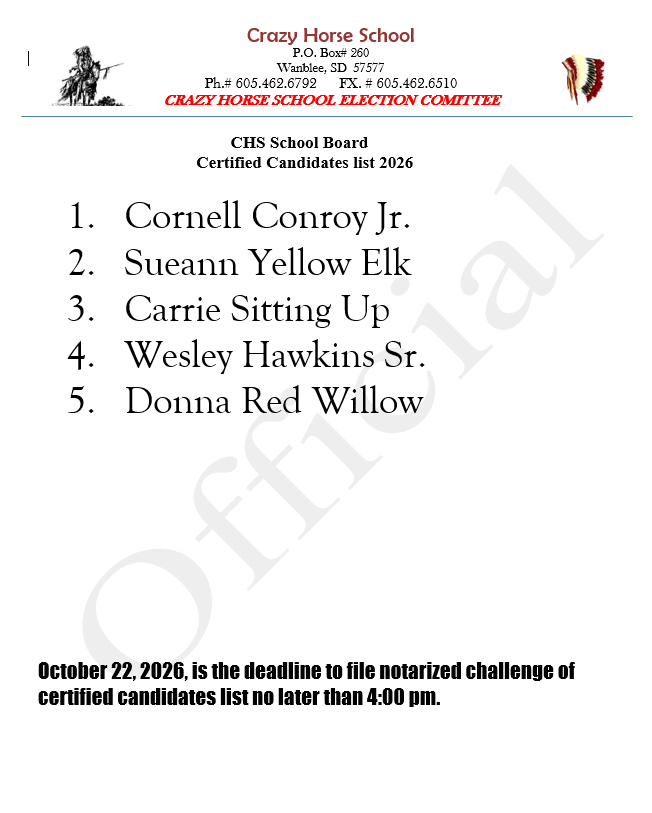  A list for certified Candidates for 2026 School Board Election