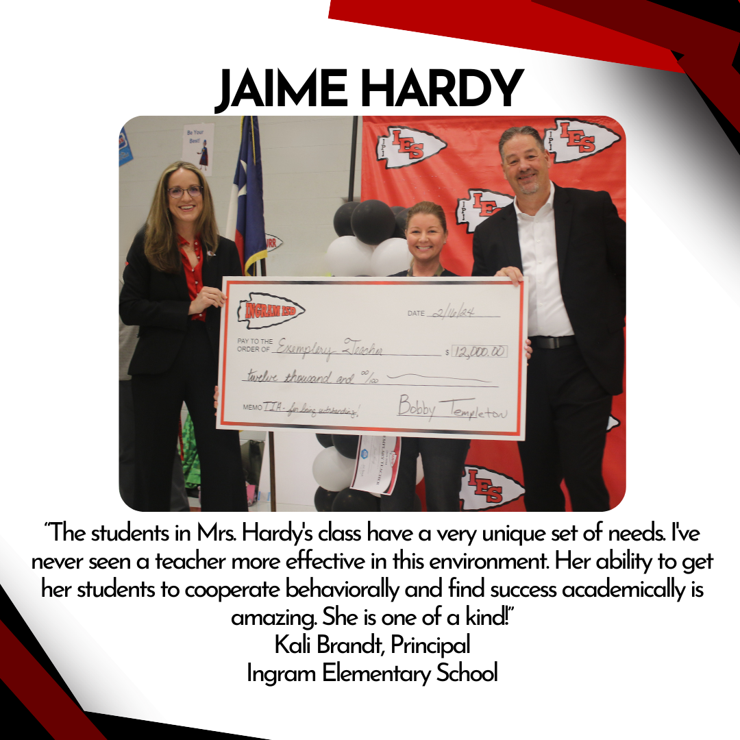 “The students in Mrs. Hardy's class have a very unique set of needs. I've never seen a teacher more effective in this environment. Her ability to get her students to cooperate behaviorally and find success academically is amazing. She is one of a kind!" Kali Brandt, Principal at IES