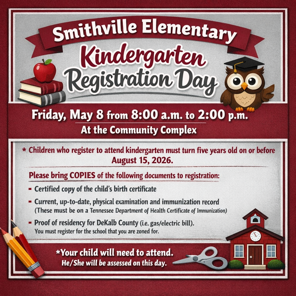 Kindergarten Registration Day Friday May 8 , 8a.m. to 2p.m. at the county complex. Bring your child with you to registration.