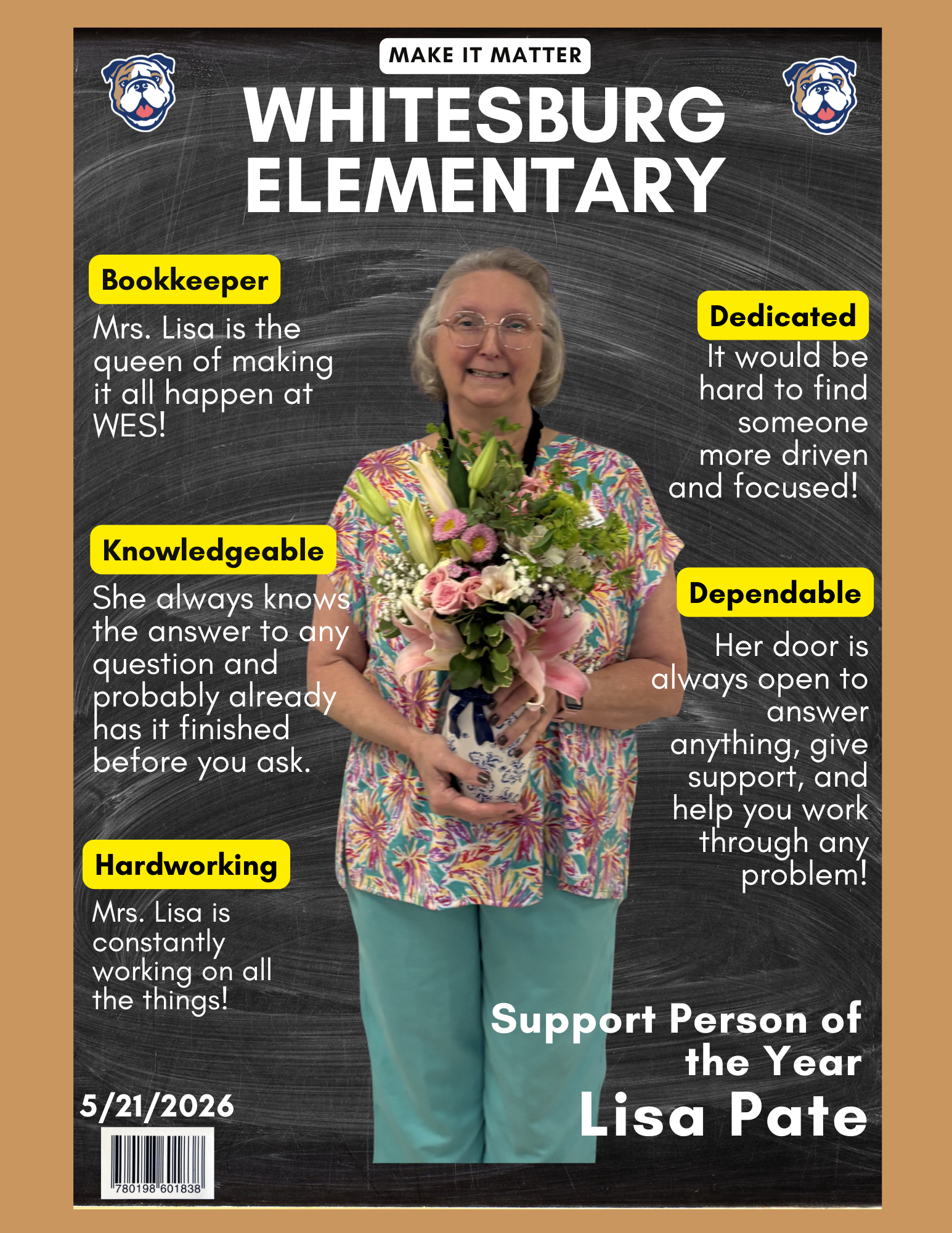 Lisa Pate is the Support Person of the Year. She is the Bookkeeper at Whitesburg Elementary serving all students and teachers. 
