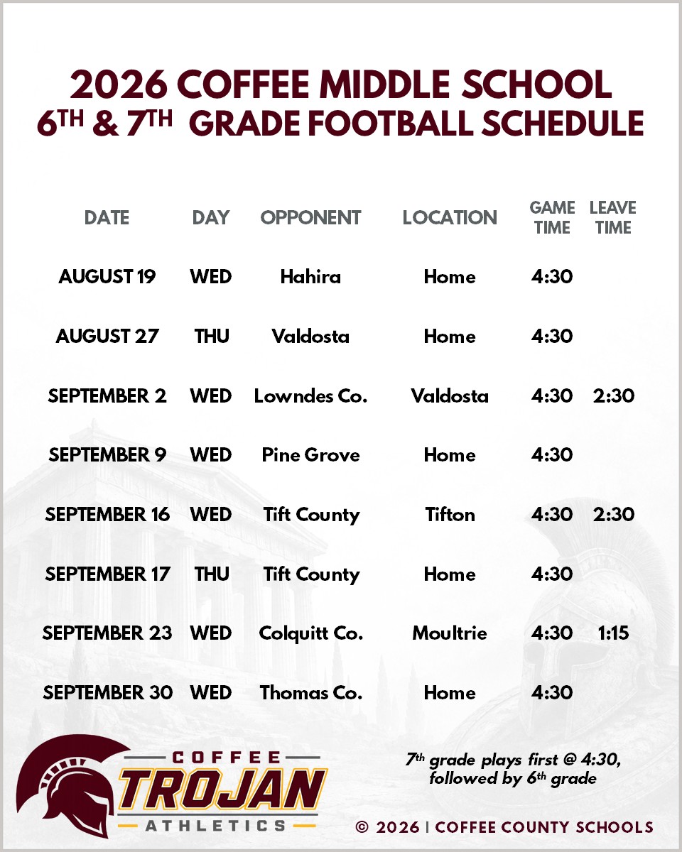 2026 Coffee Middle School 6th & 7th Grade Football Schedule