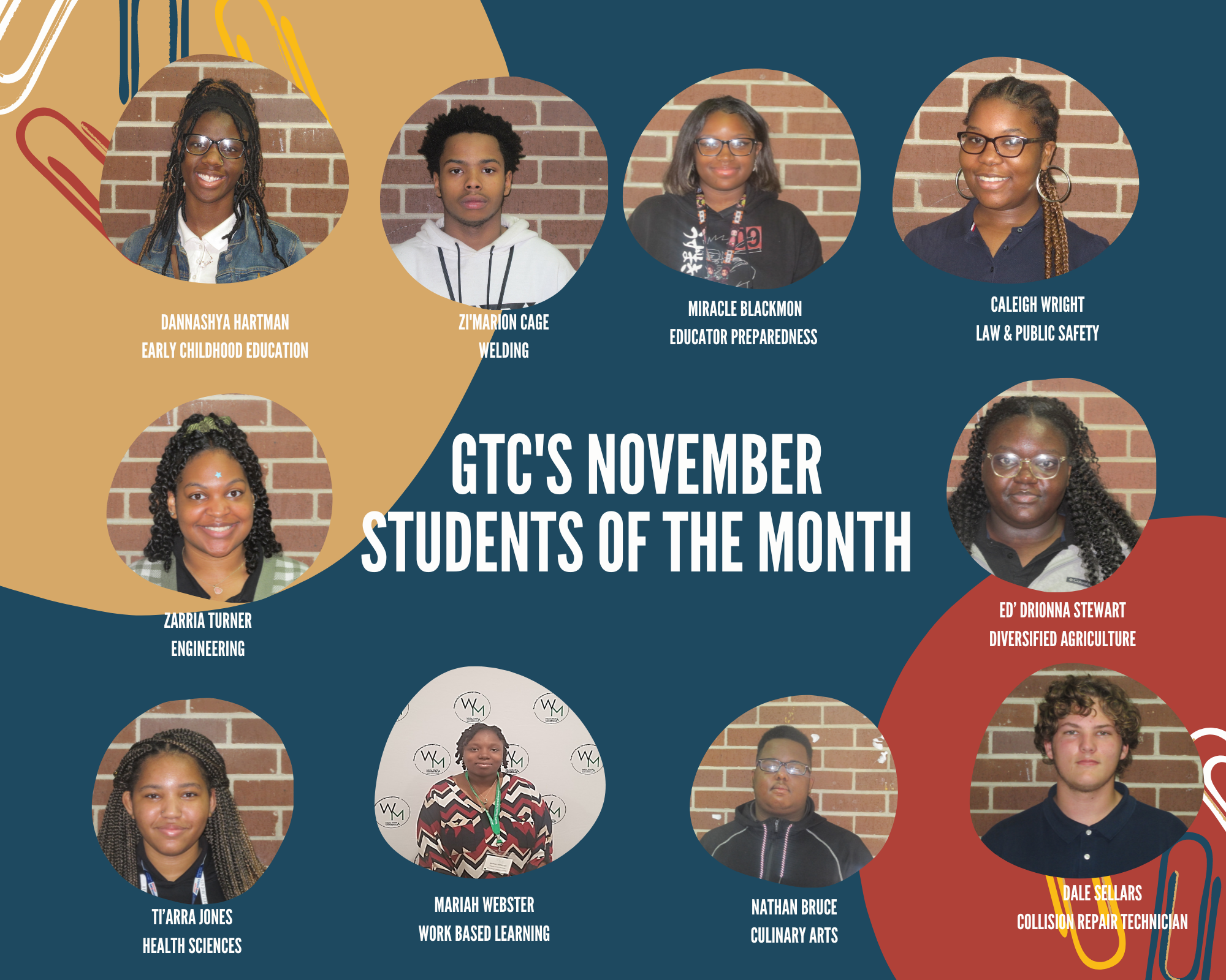 GTC's November Students of the Month Z'arria Turner, Engineering; Z'Marion Cage, Welding; Nathan Bruce, Culinary Arts; Marion Webster, Work Based Learning; Miracle Blackmon, Educator Preparedness; Ed'drionna Stewart, Diversified Ag.; Dannashya Hartman , Early Childhood Education; Ti'arra Jones, Health Science; Caleigh Wright, Law & Public Safety; Dale Sellers, Collision Repair Technician,