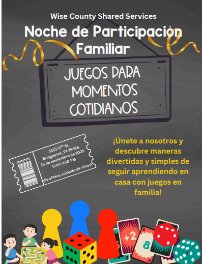 Save the Date!  Wise County Shared Services is hosting a fun-filled informative event for families of students in a special education program on November 13th at 1101 17th St. in Bridgeport, TX. Feel free to contact Gina McCollough, Director of Special Programs and Instructional Services at 940-535-5260 with any questions. We look forward to seeing you there!  