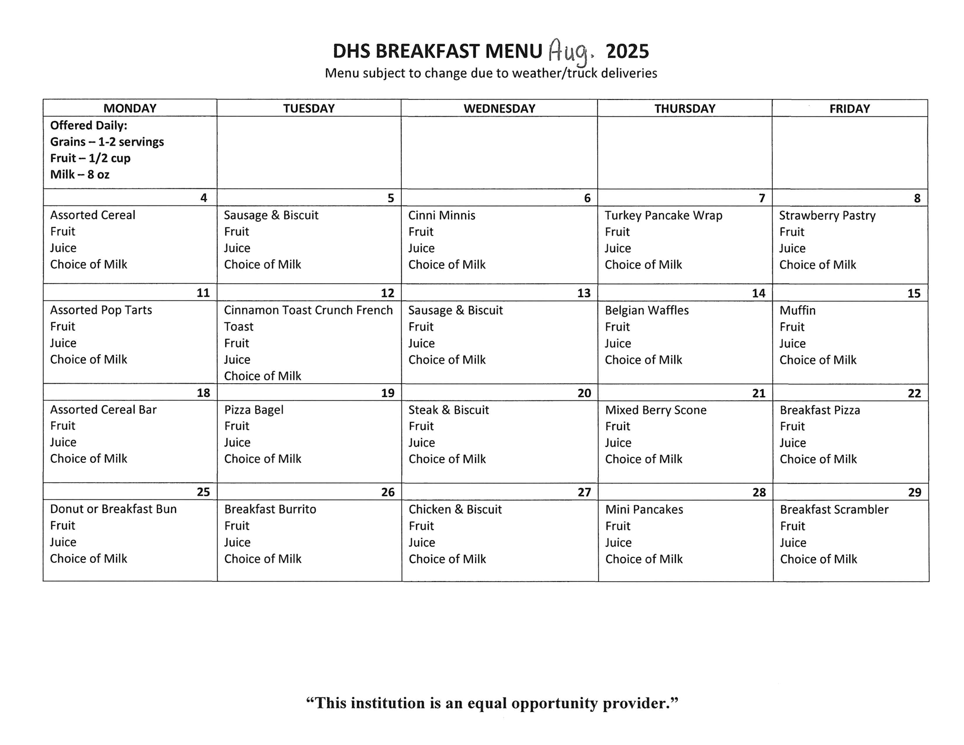DHS Breakfast Menu