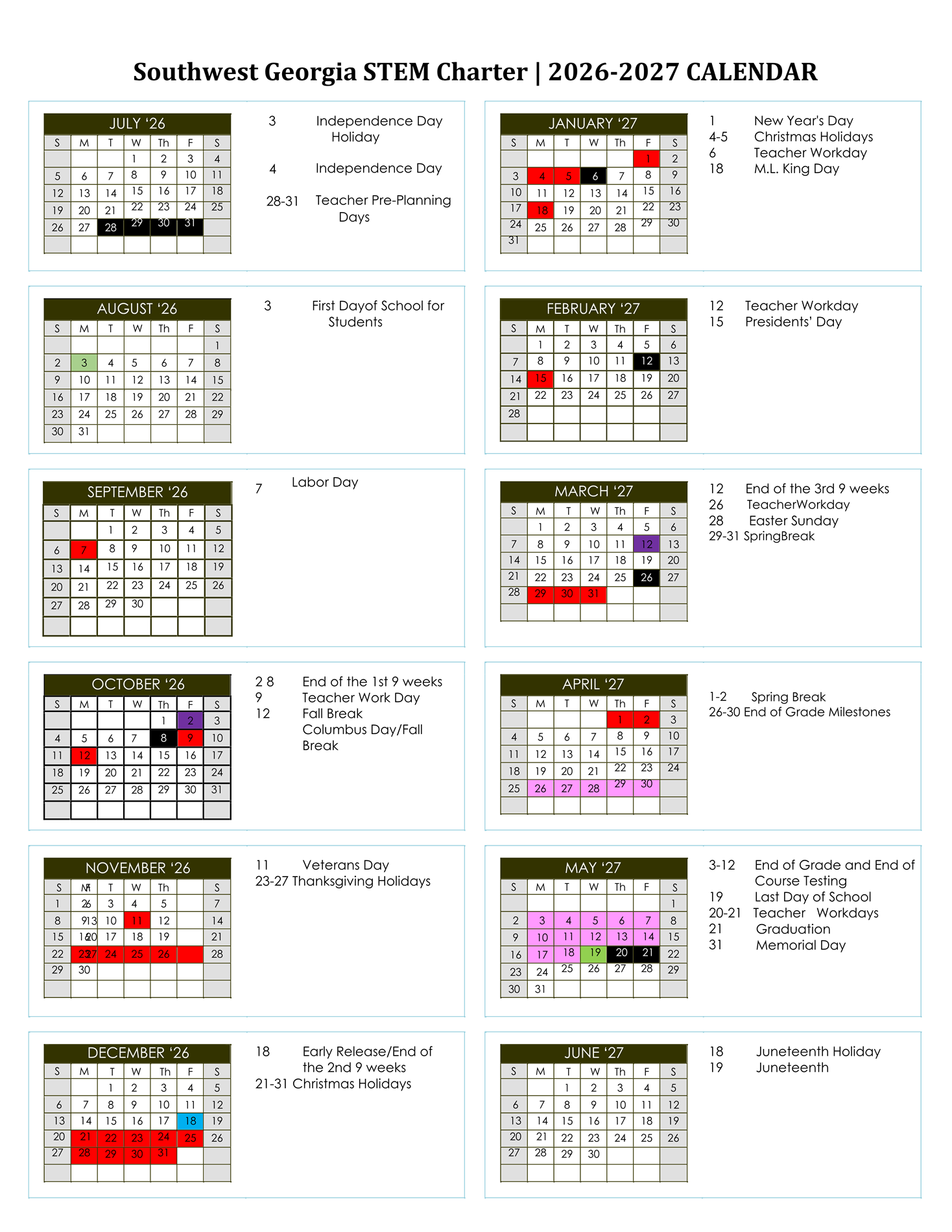 Southwest Georgia STEM Charter | 2026-2027 CALENDAR 