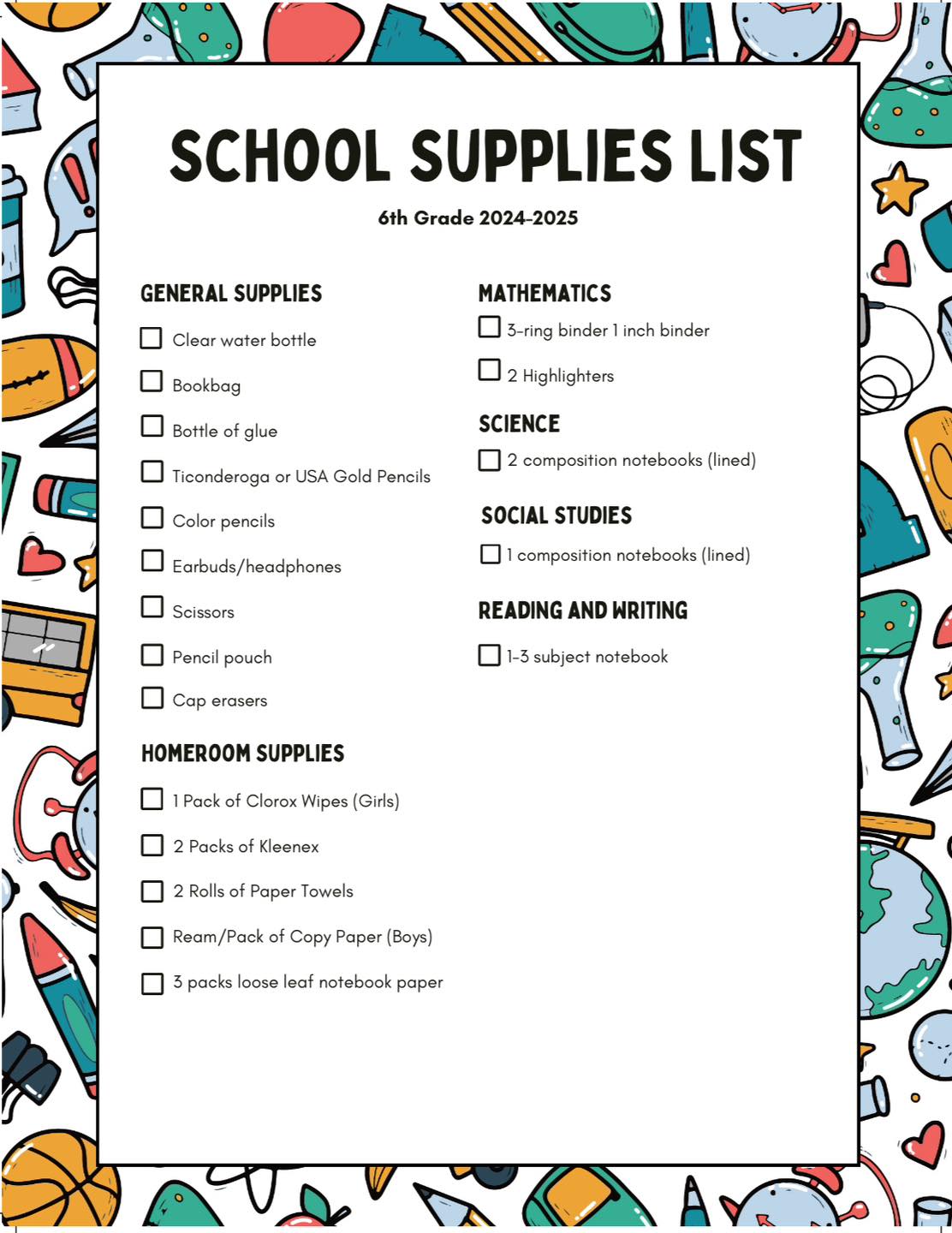 6th grade supply lists