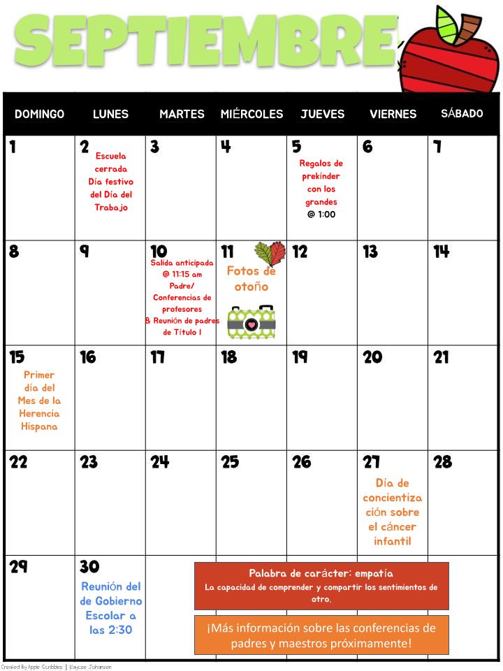 SEPTEMBER 2023 SCHOOL CALENDAR (SPANISH)